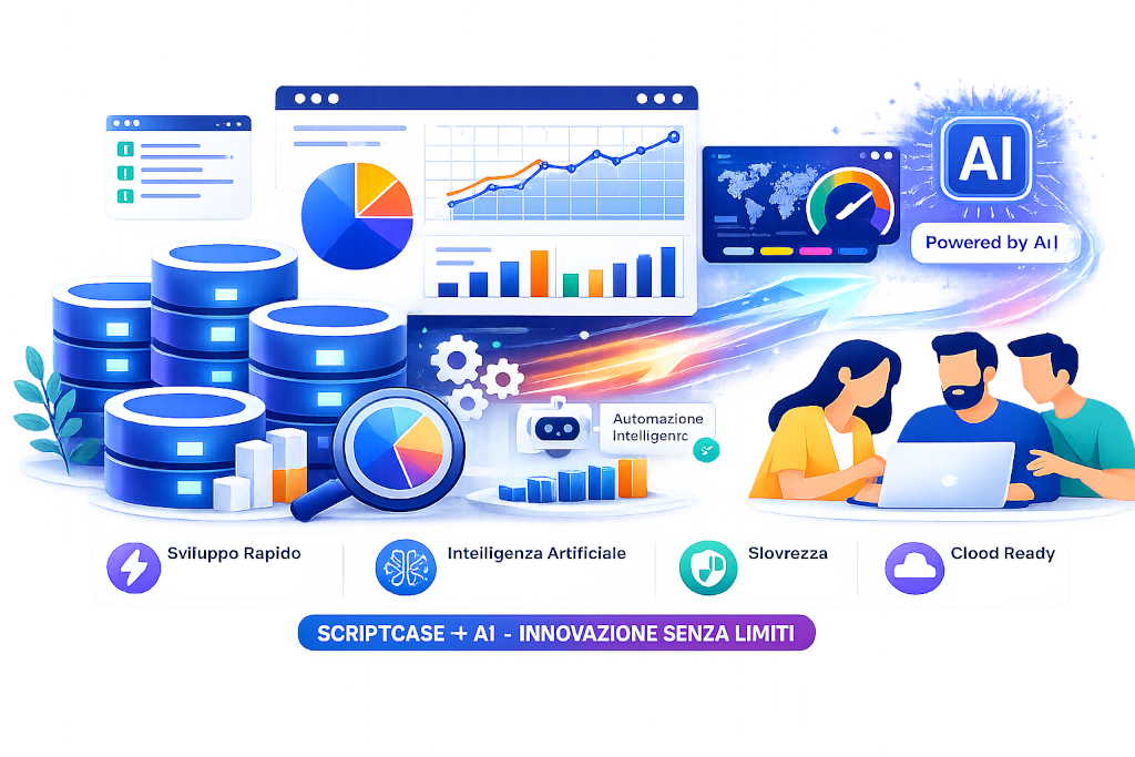 Dashboard Scriptcase con database multipli, grafici e team di sviluppo